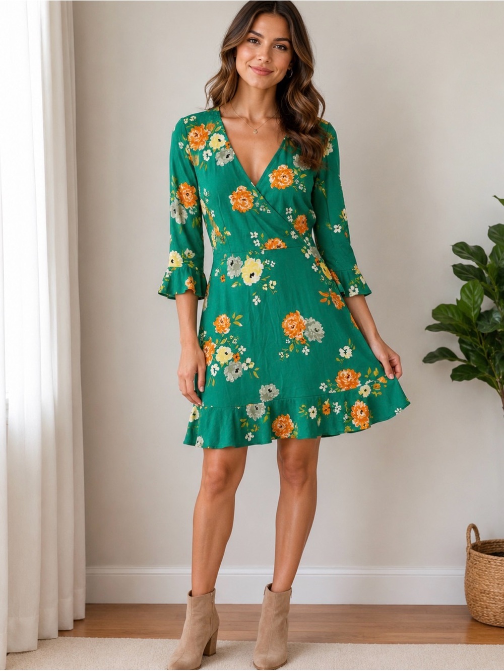 LOFT Green Floral Wrap Mini Dress with Orange Blooms
